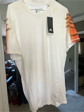 adidas White Short-Sleeve Techfit Tee with Orange Sleeve Detail